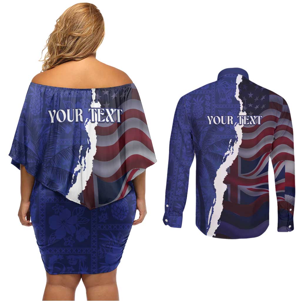 Personalized Hawaii Statehood Day Couples Matching Off Shoulder Short Dress and Long Sleeve Button Shirt 66th Anniversary - Polynesian Pride