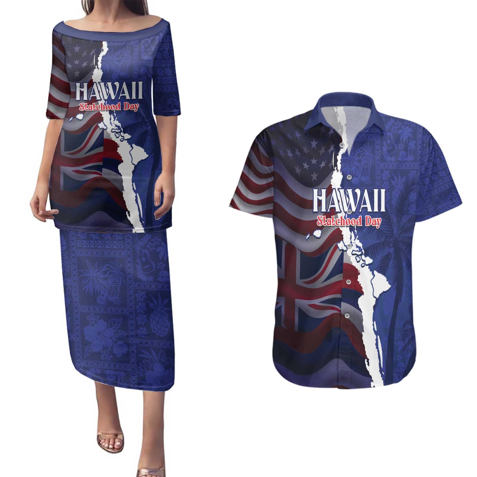 Personalized Hawaii Statehood Day Couples Matching Puletasi and Hawaiian Shirt 66th Anniversary - Polynesian Pride