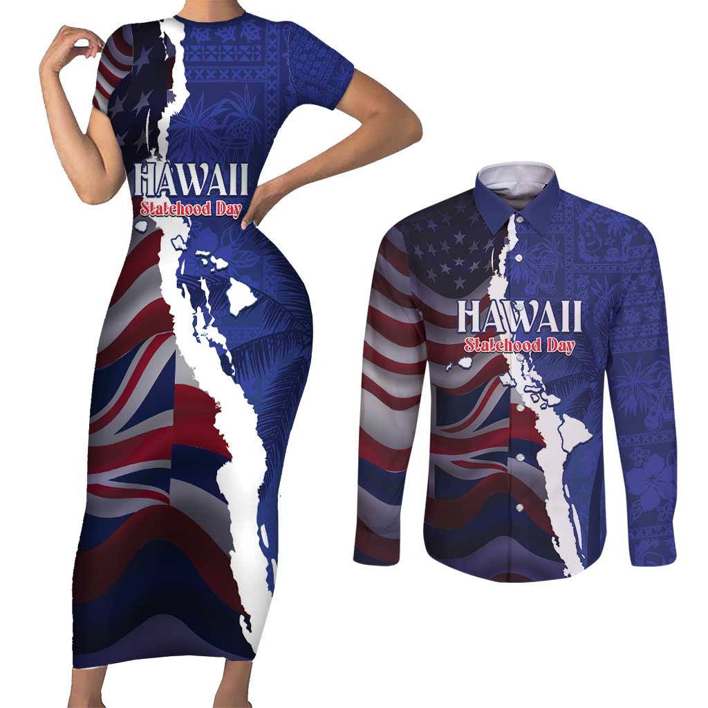 Personalized Hawaii Statehood Day Couples Matching Short Sleeve Bodycon Dress and Long Sleeve Button Shirt 66th Anniversary - Polynesian Pride
