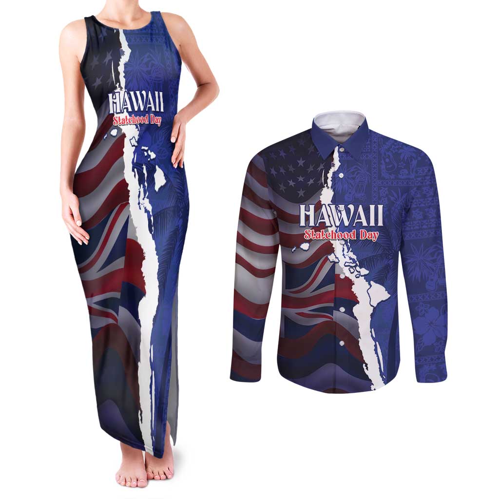 Personalized Hawaii Statehood Day Couples Matching Tank Maxi Dress and Long Sleeve Button Shirt 66th Anniversary - Polynesian Pride