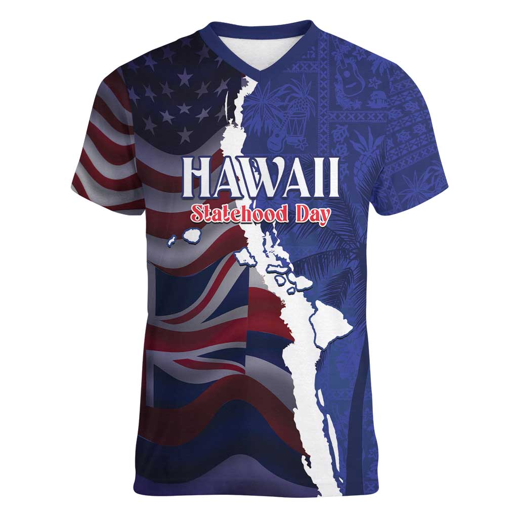 Personalized Hawaii Statehood Day Women V-Neck T-Shirt 66th Anniversary - Polynesian Pride