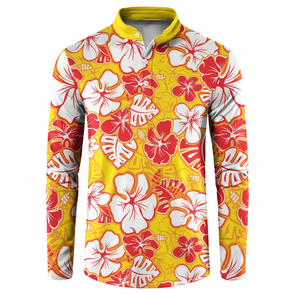 Yellow Hawaii Hibiscus Button Sweatshirt Tropical Flowers Seamless Pattern LT14 Yellow - Polynesian Pride
