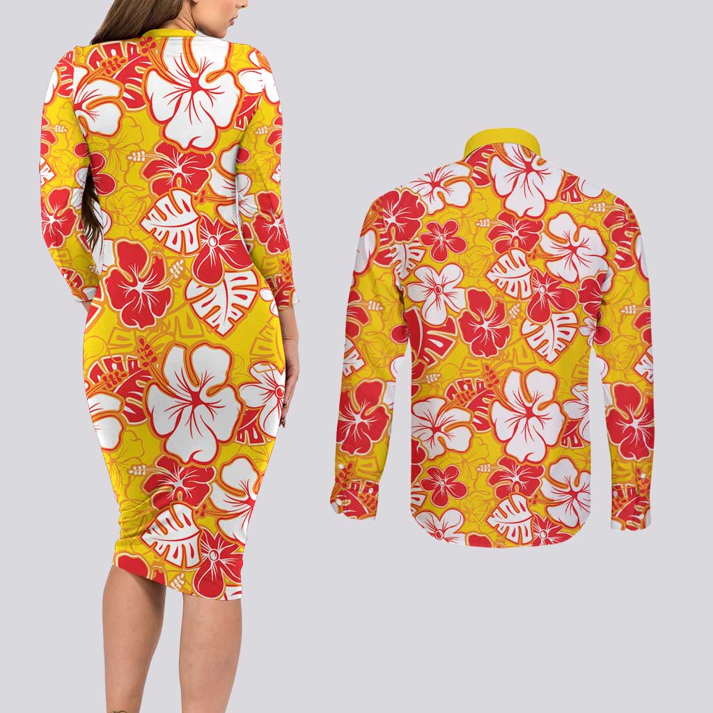 Yellow Hawaii Hibiscus Couples Matching Long Sleeve Bodycon Dress and Long Sleeve Button Shirt Tropical Flowers Seamless Pattern LT14 - Polynesian Pride