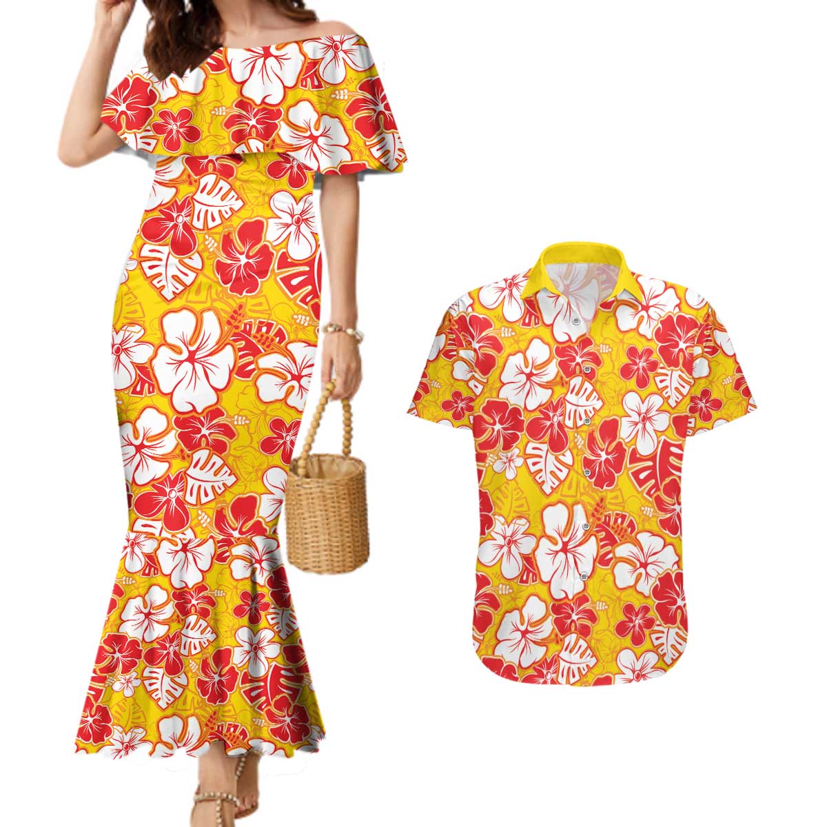 Yellow Hawaii Hibiscus Couples Matching Mermaid Dress and Hawaiian Shirt Tropical Flowers Seamless Pattern - Polynesian Pride