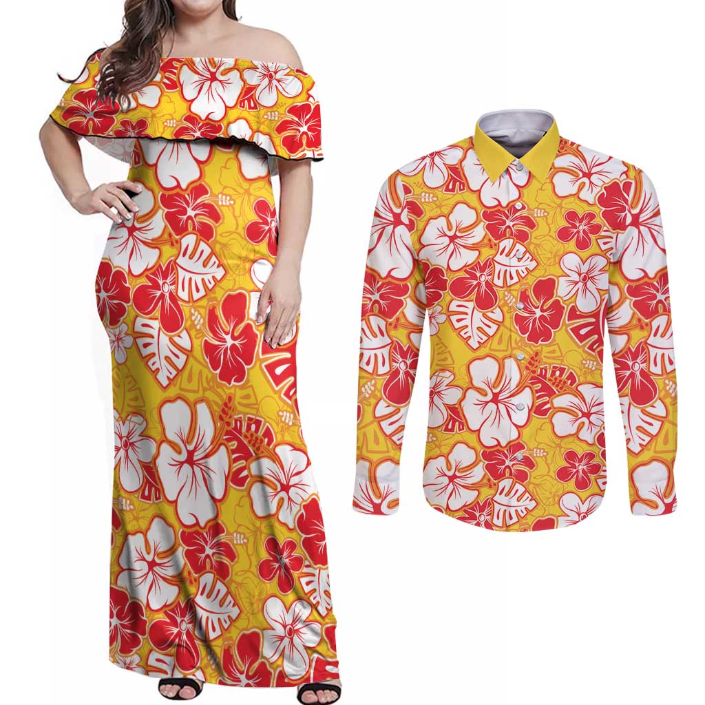 Yellow Hawaii Hibiscus Couples Matching Off Shoulder Maxi Dress and Long Sleeve Button Shirt Tropical Flowers Seamless Pattern LT14 Yellow - Polynesian Pride