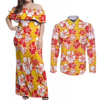 Yellow Hawaii Hibiscus Couples Matching Off Shoulder Maxi Dress and Long Sleeve Button Shirt Tropical Flowers Seamless Pattern LT14 Yellow - Polynesian Pride