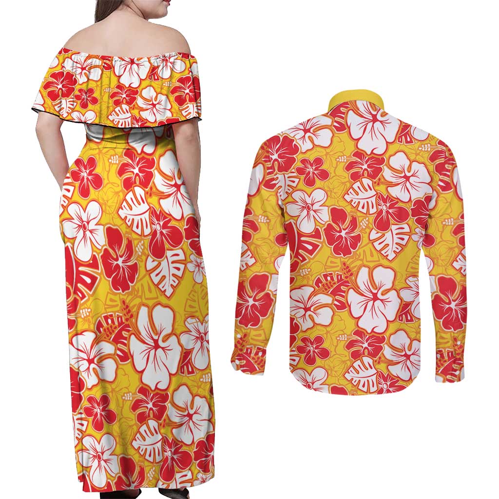 Yellow Hawaii Hibiscus Couples Matching Off Shoulder Maxi Dress and Long Sleeve Button Shirt Tropical Flowers Seamless Pattern LT14 - Polynesian Pride