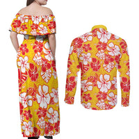 Yellow Hawaii Hibiscus Couples Matching Off Shoulder Maxi Dress and Long Sleeve Button Shirt Tropical Flowers Seamless Pattern LT14 - Polynesian Pride