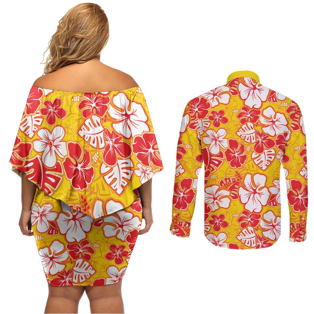 Yellow Hawaii Hibiscus Couples Matching Off Shoulder Short Dress and Long Sleeve Button Shirt Tropical Flowers Seamless Pattern LT14 - Polynesian Pride