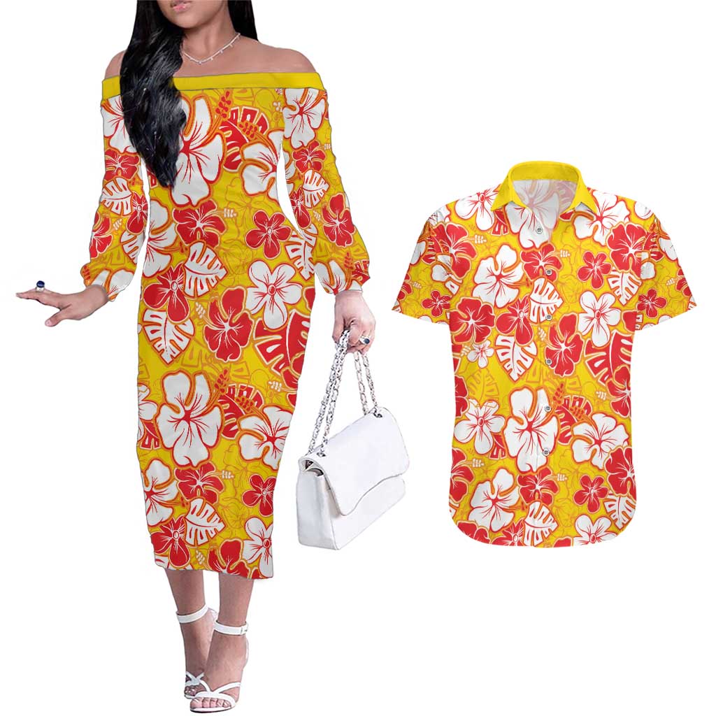 Yellow Hawaii Hibiscus Couples Matching Off The Shoulder Long Sleeve Dress and Hawaiian Shirt Tropical Flowers Seamless Pattern - Polynesian Pride