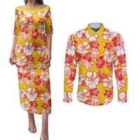 Yellow Hawaii Hibiscus Couples Matching Puletasi and Long Sleeve Button Shirt Tropical Flowers Seamless Pattern LT14 Yellow - Polynesian Pride