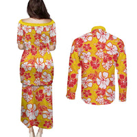 Yellow Hawaii Hibiscus Couples Matching Puletasi and Long Sleeve Button Shirt Tropical Flowers Seamless Pattern LT14 - Polynesian Pride