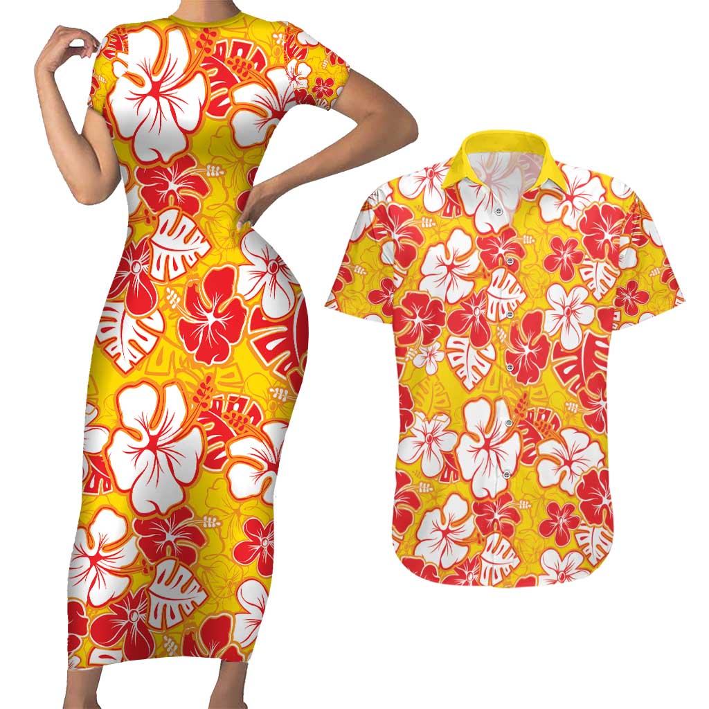 Yellow Hawaii Hibiscus Couples Matching Short Sleeve Bodycon Dress and Hawaiian Shirt Tropical Flowers Seamless Pattern - Polynesian Pride