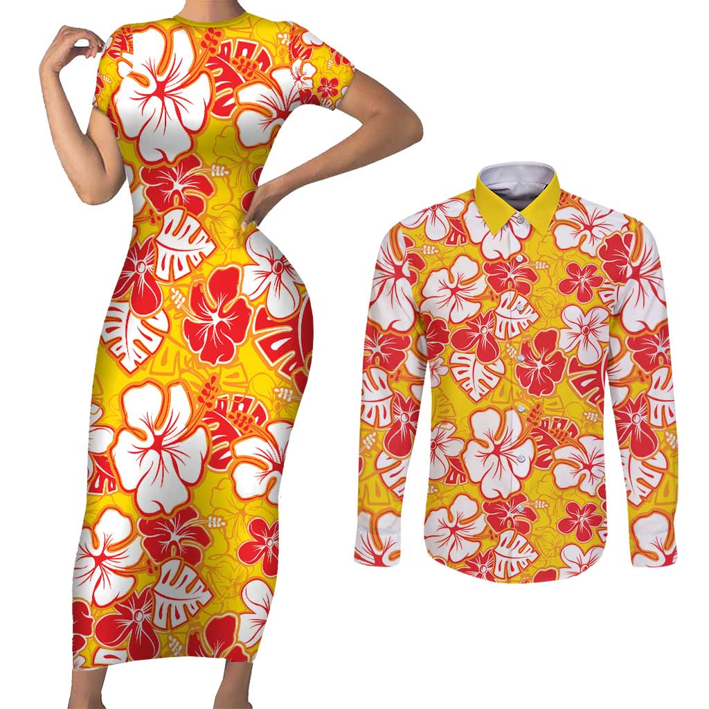 Yellow Hawaii Hibiscus Couples Matching Short Sleeve Bodycon Dress and Long Sleeve Button Shirt Tropical Flowers Seamless Pattern LT14 Yellow - Polynesian Pride