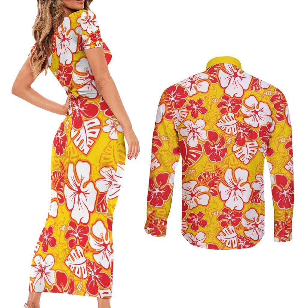 Yellow Hawaii Hibiscus Couples Matching Short Sleeve Bodycon Dress and Long Sleeve Button Shirt Tropical Flowers Seamless Pattern LT14 - Polynesian Pride