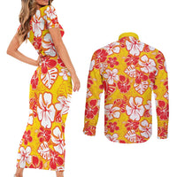 Yellow Hawaii Hibiscus Couples Matching Short Sleeve Bodycon Dress and Long Sleeve Button Shirt Tropical Flowers Seamless Pattern LT14 - Polynesian Pride