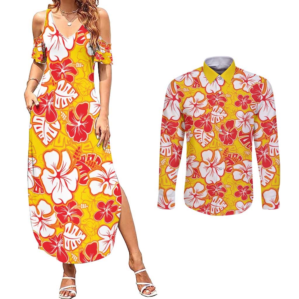 Yellow Hawaii Hibiscus Couples Matching Summer Maxi Dress and Long Sleeve Button Shirt Tropical Flowers Seamless Pattern LT14 Yellow - Polynesian Pride