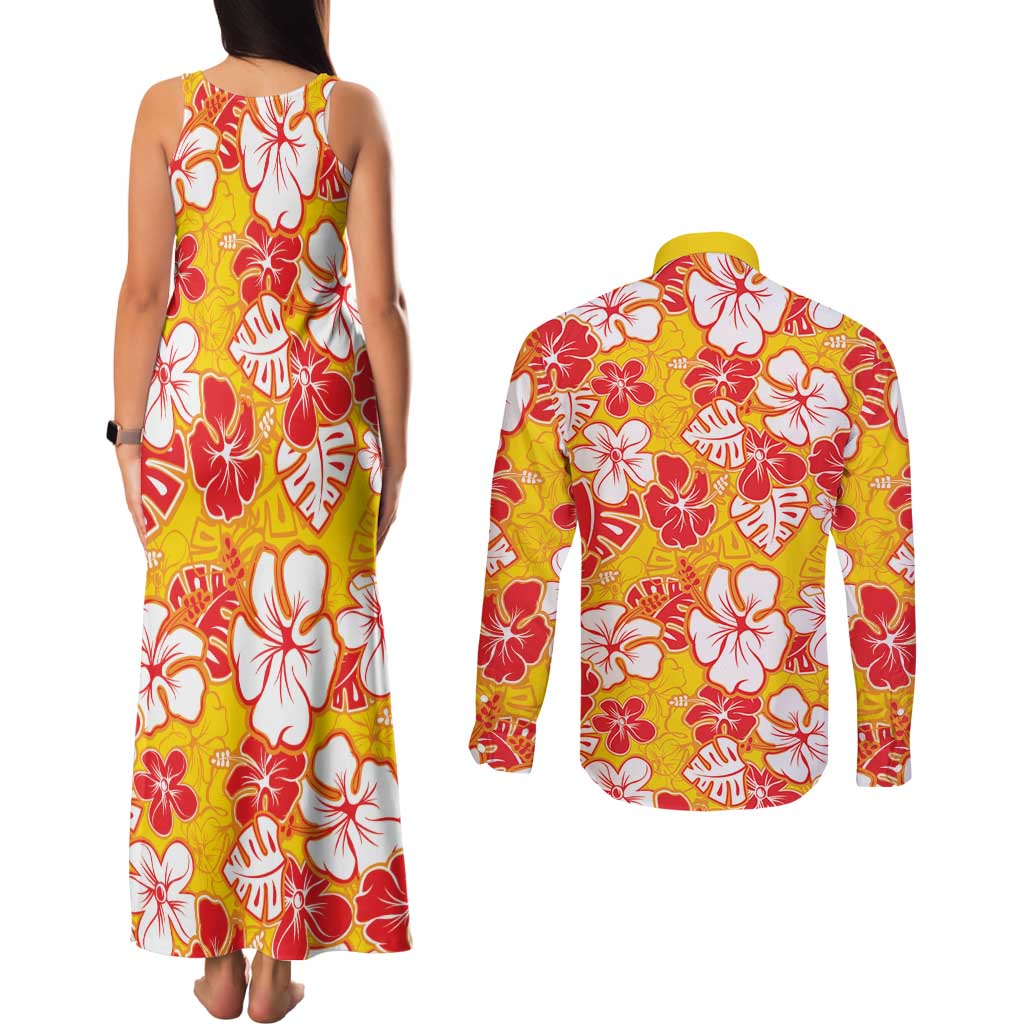 Yellow Hawaii Hibiscus Couples Matching Tank Maxi Dress and Long Sleeve Button Shirt Tropical Flowers Seamless Pattern LT14 - Polynesian Pride