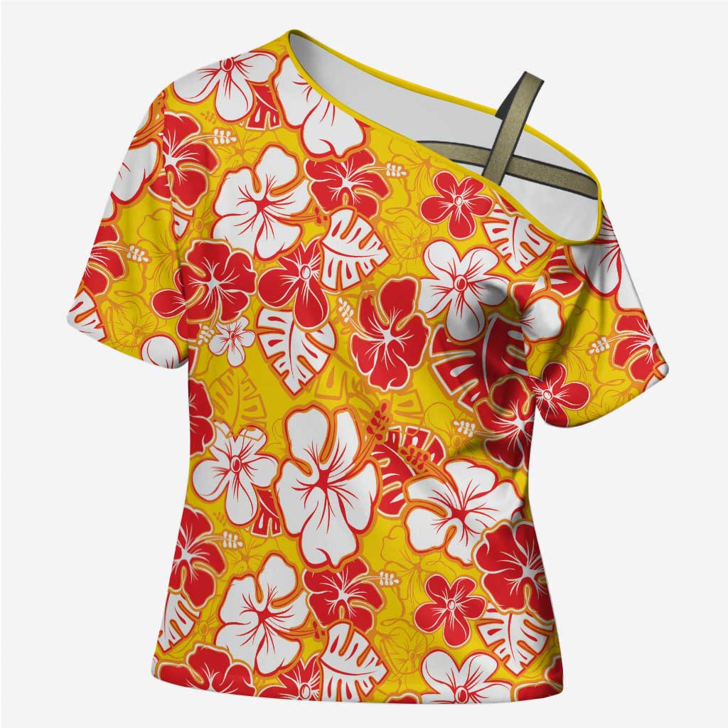 Yellow Hawaii Hibiscus Cross Shoulder Shirt Tropical Flowers Seamless Pattern - Polynesian Pride