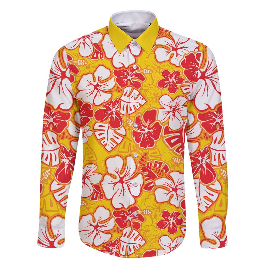 Yellow Hawaii Hibiscus Family Matching Long Sleeve Bodycon Dress and Hawaiian Shirt Tropical Flowers Seamless Pattern - Polynesian Pride