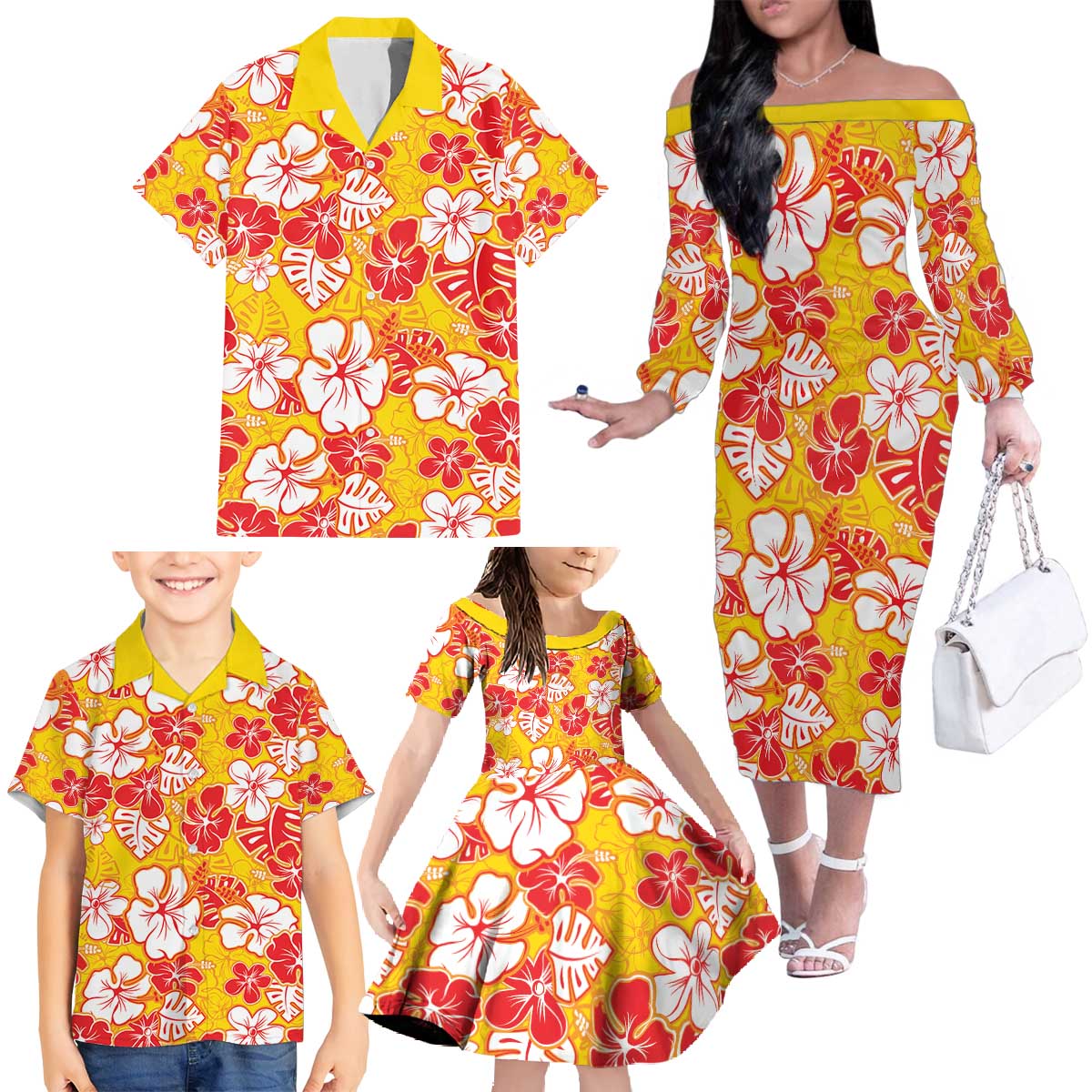 Yellow Hawaii Hibiscus Family Matching Off The Shoulder Long Sleeve Dress and Hawaiian Shirt Tropical Flowers Seamless Pattern - Polynesian Pride