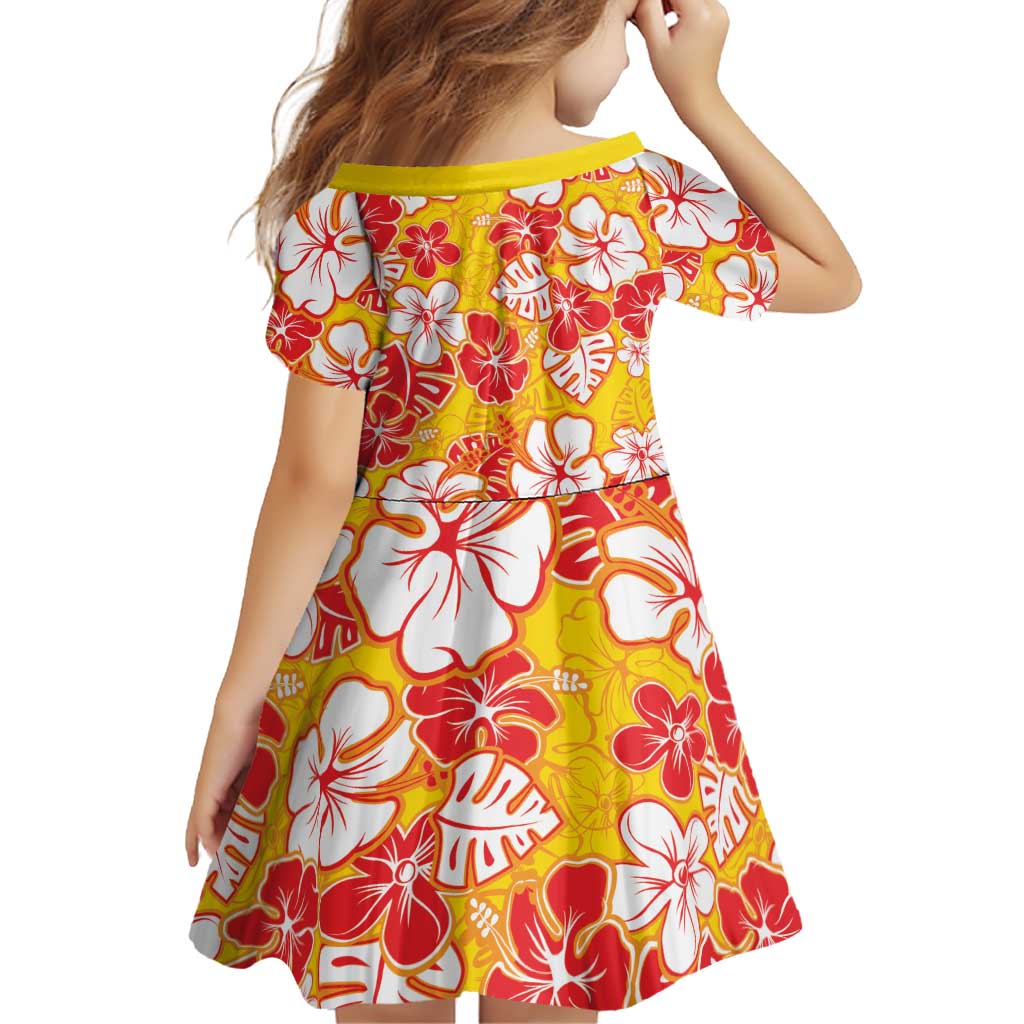Yellow Hawaii Hibiscus Family Matching Off Shoulder Short Dress and Hawaiian Shirt Tropical Flowers Seamless Pattern - Polynesian Pride