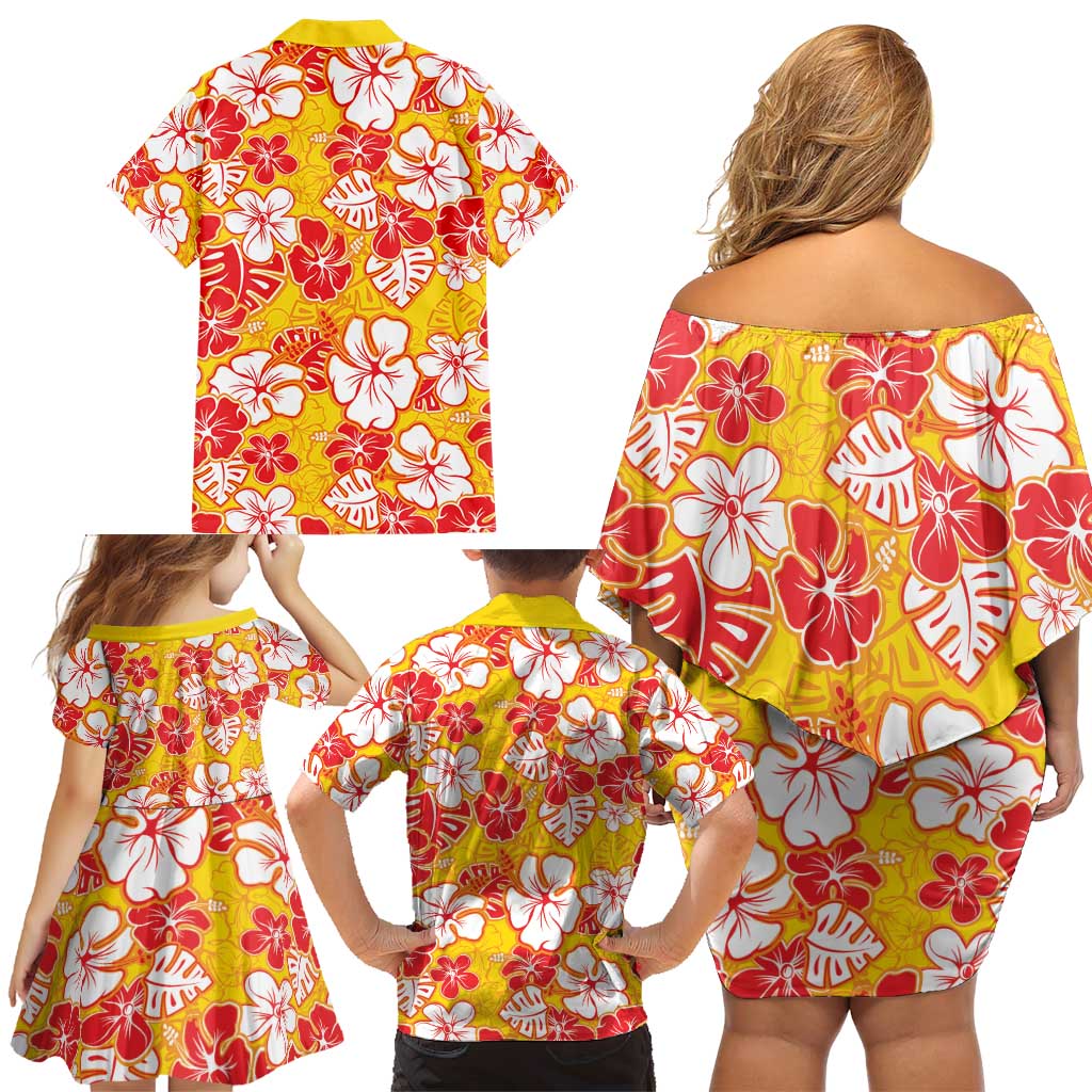 Yellow Hawaii Hibiscus Family Matching Off Shoulder Short Dress and Hawaiian Shirt Tropical Flowers Seamless Pattern - Polynesian Pride