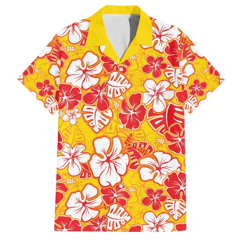 Yellow Hawaii Hibiscus Family Matching Off Shoulder Short Dress and Hawaiian Shirt Tropical Flowers Seamless Pattern - Polynesian Pride