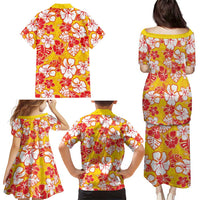 Yellow Hawaii Hibiscus Family Matching Puletasi and Hawaiian Shirt Tropical Flowers Seamless Pattern - Polynesian Pride