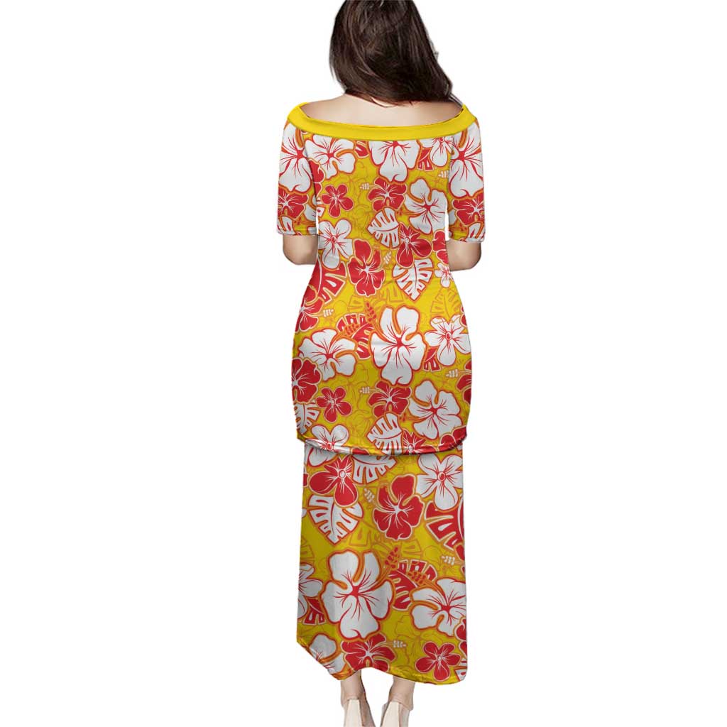 Yellow Hawaii Hibiscus Family Matching Puletasi and Hawaiian Shirt Tropical Flowers Seamless Pattern - Polynesian Pride