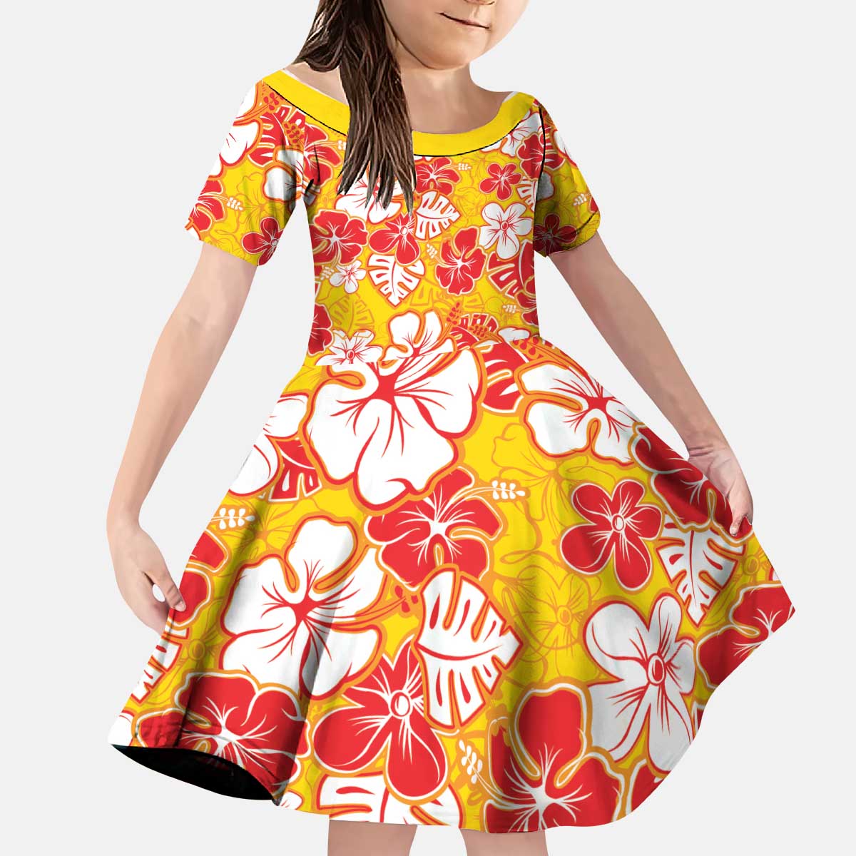 Yellow Hawaii Hibiscus Kid Short Sleeve Dress Tropical Flowers Seamless Pattern LT14 KID Yellow - Polynesian Pride