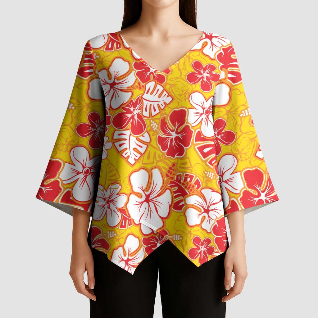 Yellow Hawaii Hibiscus Kimono Sleeve Blouse Tropical Flowers Seamless Pattern - Polynesian Pride