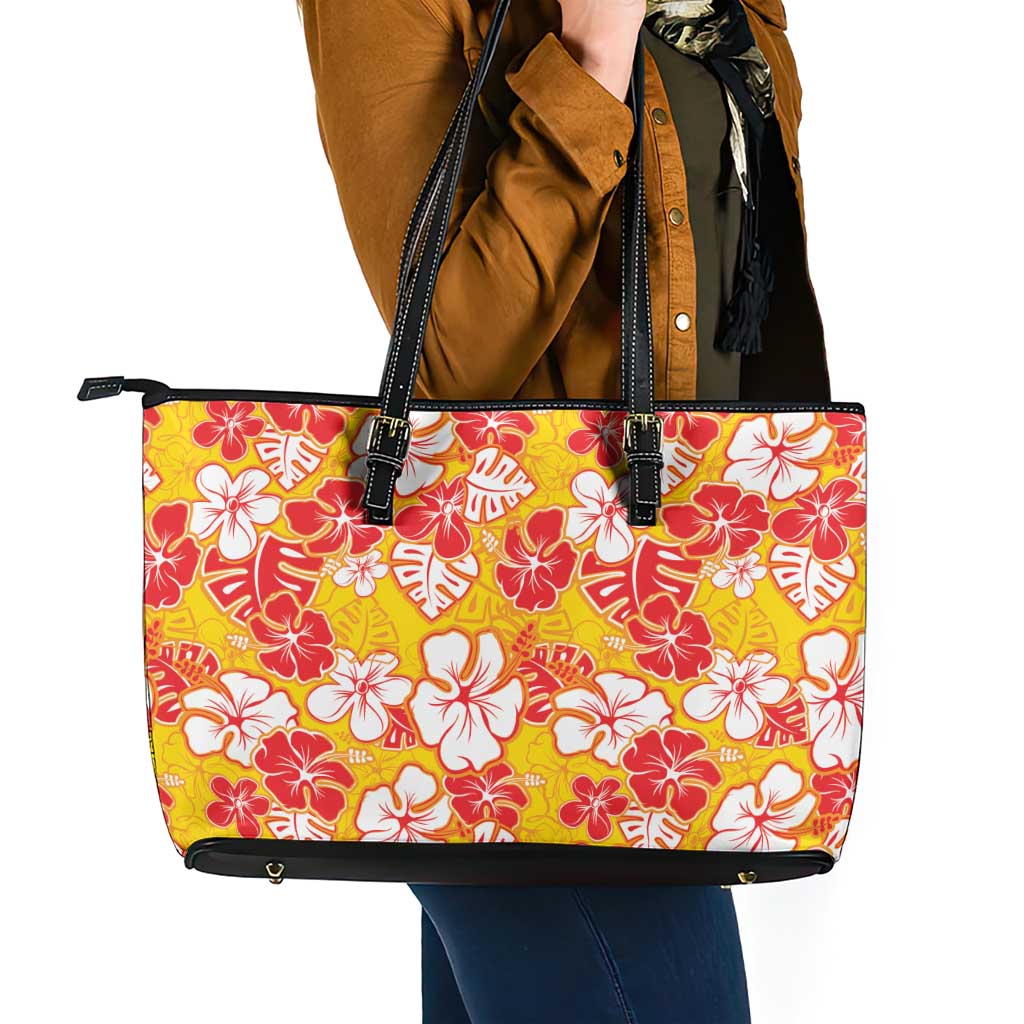 Yellow Hawaii Hibiscus Leather Tote Bag Tropical Flowers Seamless Pattern - Polynesian Pride
