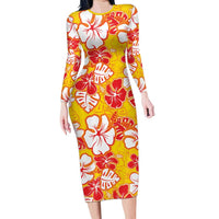Yellow Hawaii Hibiscus Long Sleeve Bodycon Dress Tropical Flowers Seamless Pattern - Polynesian Pride