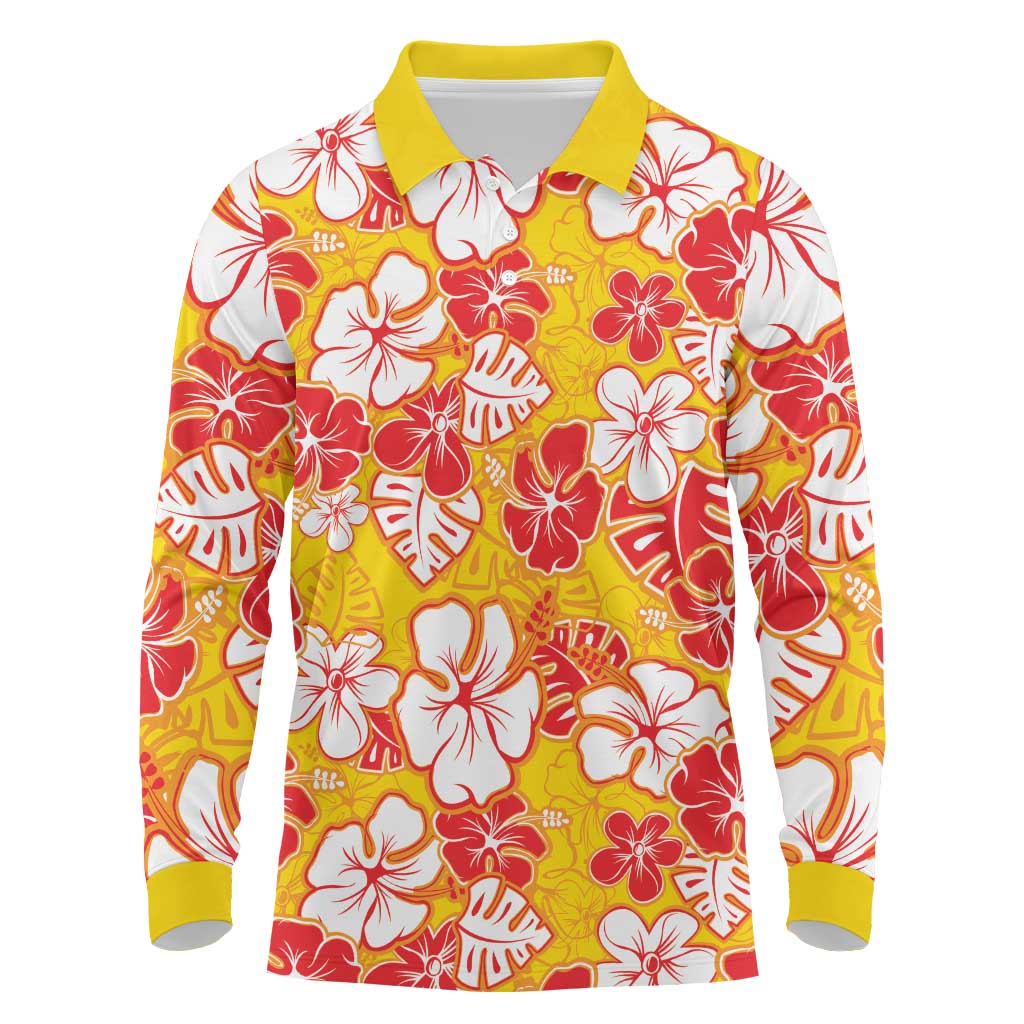 Yellow Hawaii Hibiscus Long Sleeve Polo Shirt Tropical Flowers Seamless Pattern - Polynesian Pride