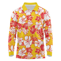 Yellow Hawaii Hibiscus Long Sleeve Polo Shirt Tropical Flowers Seamless Pattern - Polynesian Pride