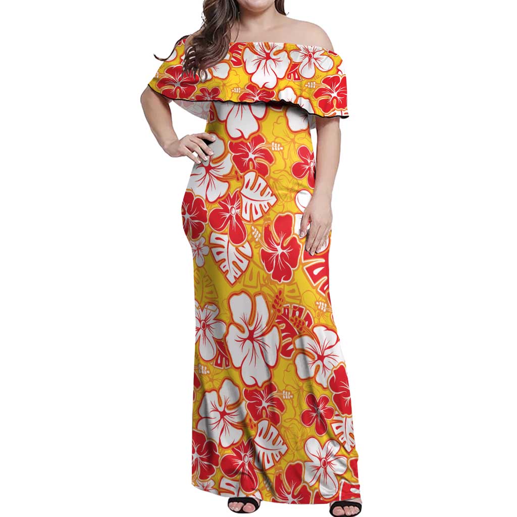 Yellow Hawaii Hibiscus Off Shoulder Maxi Dress Tropical Flowers Seamless Pattern LT14 Women Yellow - Polynesian Pride