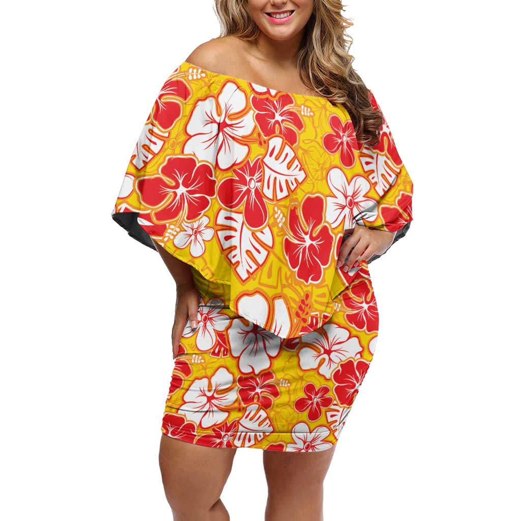 Yellow Hawaii Hibiscus Off Shoulder Short Dress Tropical Flowers Seamless Pattern - Polynesian Pride