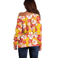 Yellow Hawaii Hibiscus Off Shoulder Sweater Tropical Flowers Seamless Pattern - Polynesian Pride