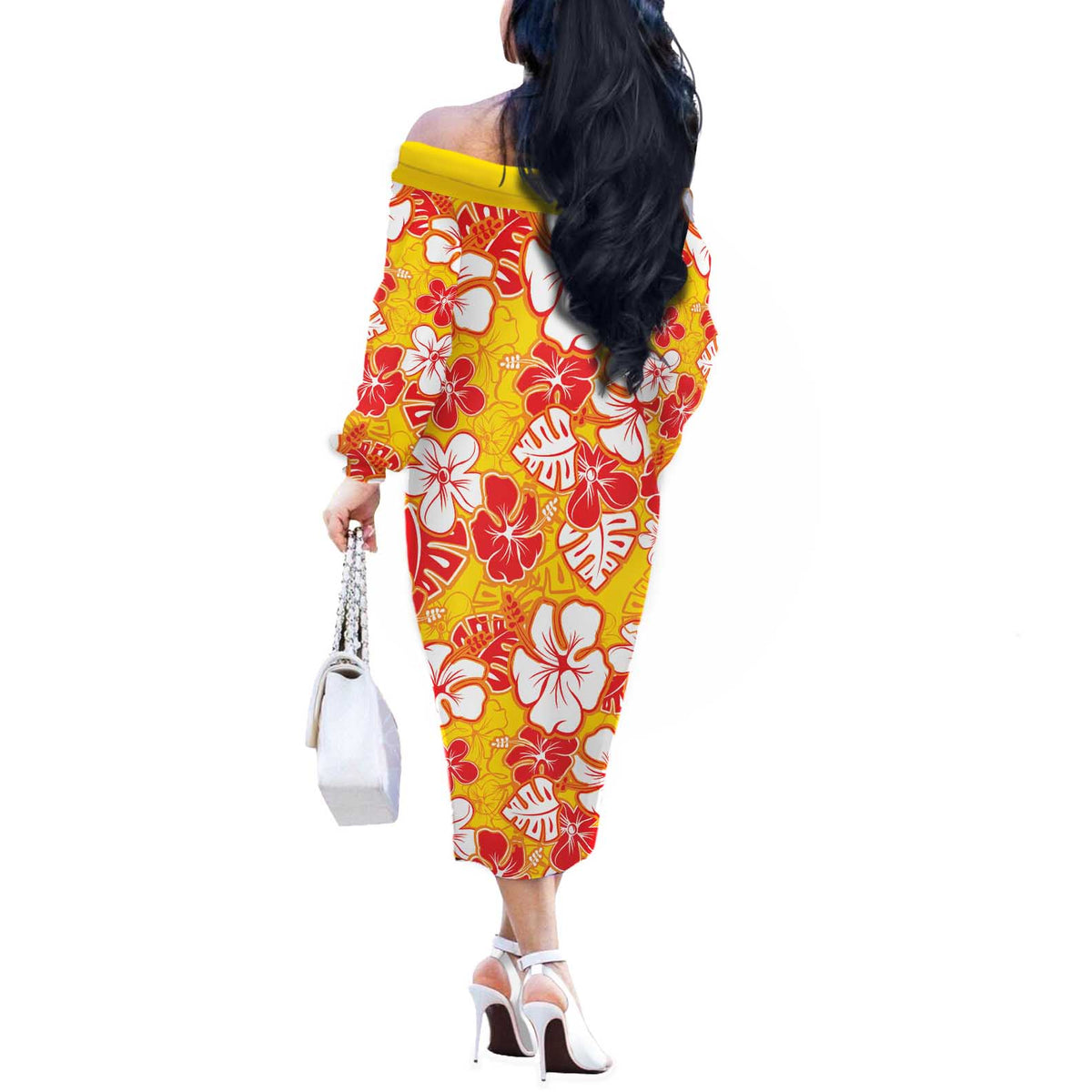Yellow Hawaii Hibiscus Off The Shoulder Long Sleeve Dress Tropical Flowers Seamless Pattern - Polynesian Pride