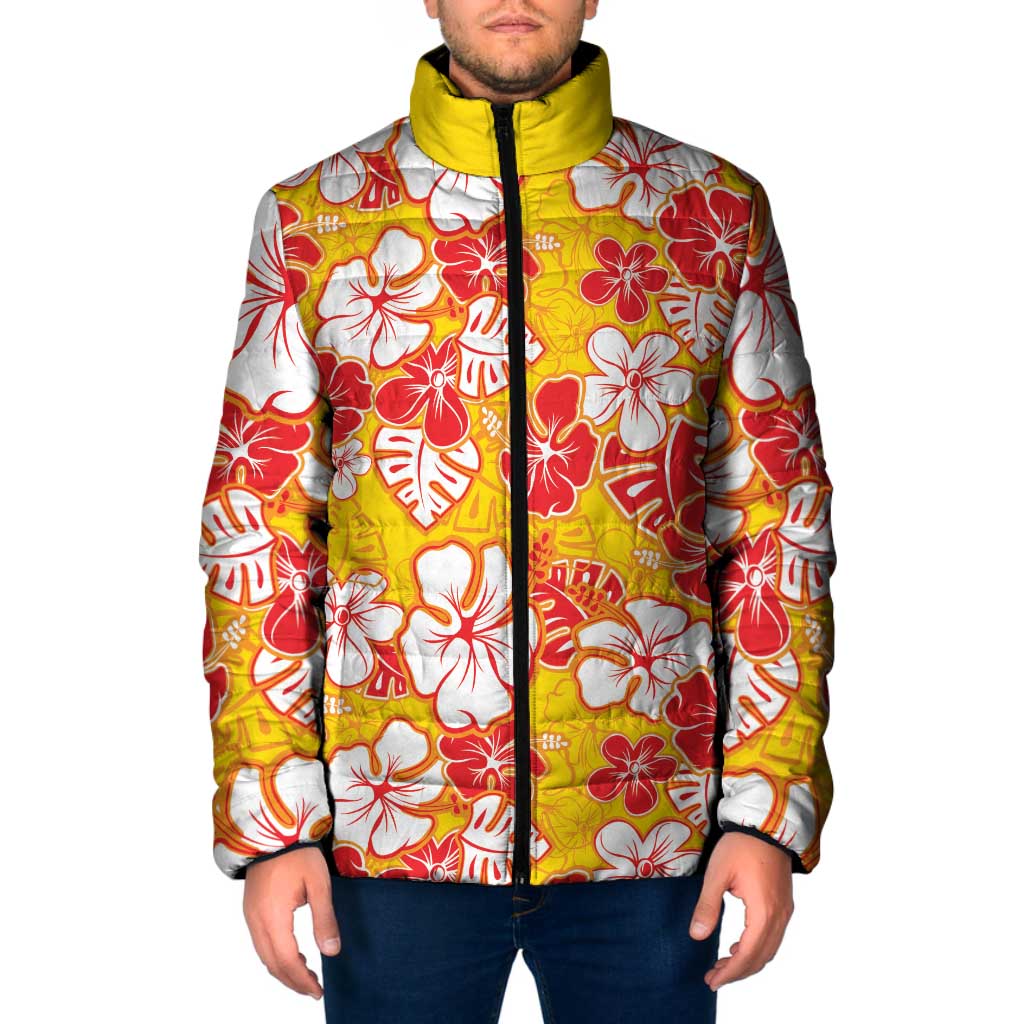 Yellow Hawaii Hibiscus Padded Jacket Tropical Flowers Seamless Pattern - Polynesian Pride