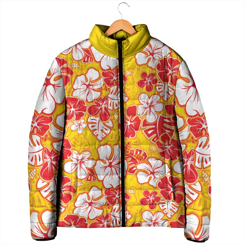 Yellow Hawaii Hibiscus Padded Jacket Tropical Flowers Seamless Pattern - Polynesian Pride