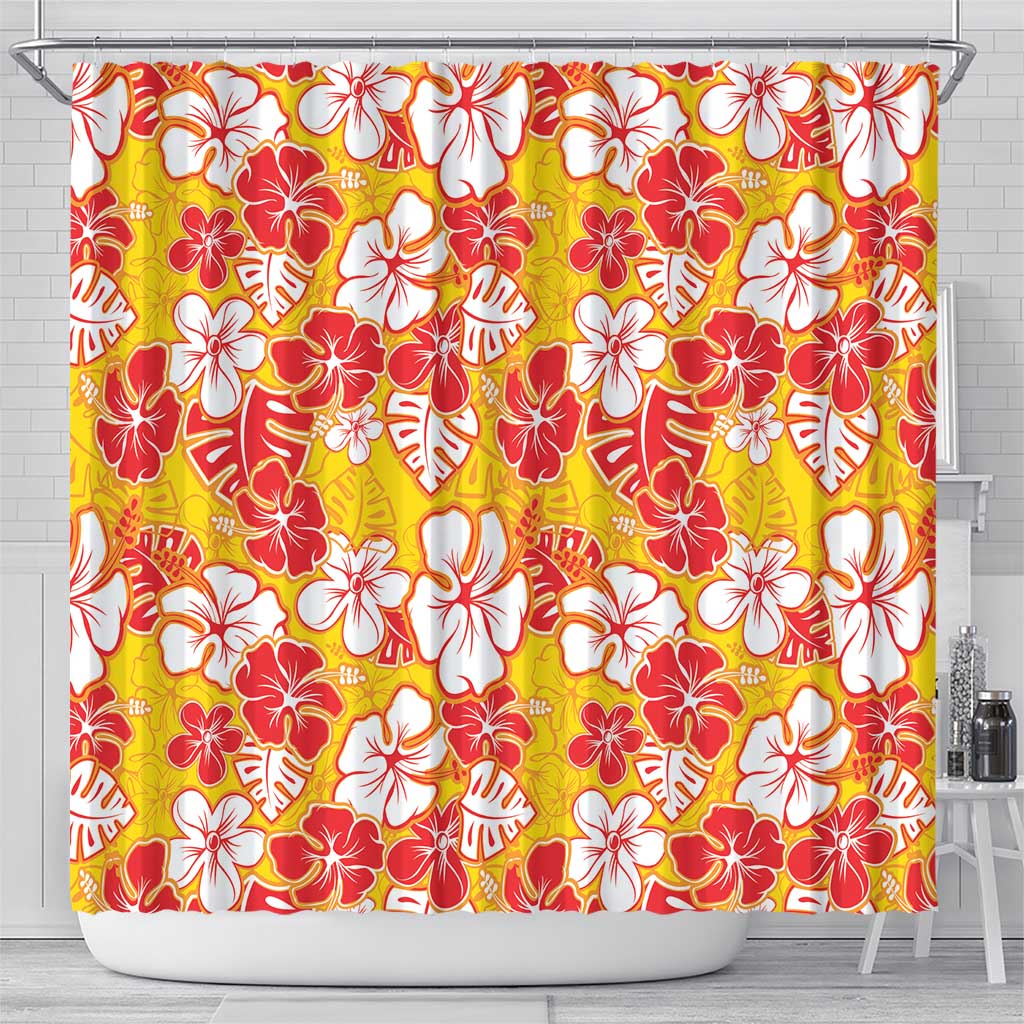 Yellow Hawaii Hibiscus Shower Curtain Tropical Flowers Seamless Pattern - Polynesian Pride