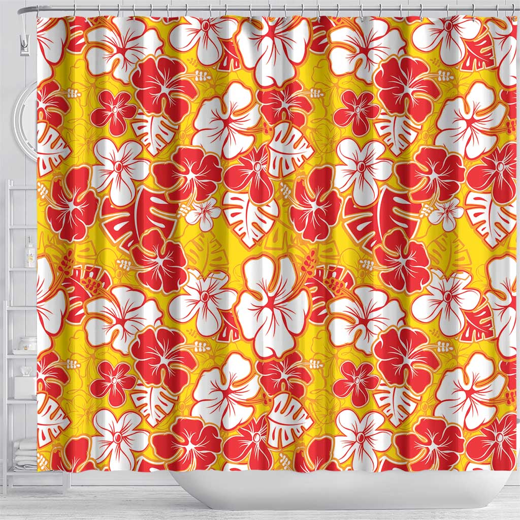 Yellow Hawaii Hibiscus Shower Curtain Tropical Flowers Seamless Pattern - Polynesian Pride