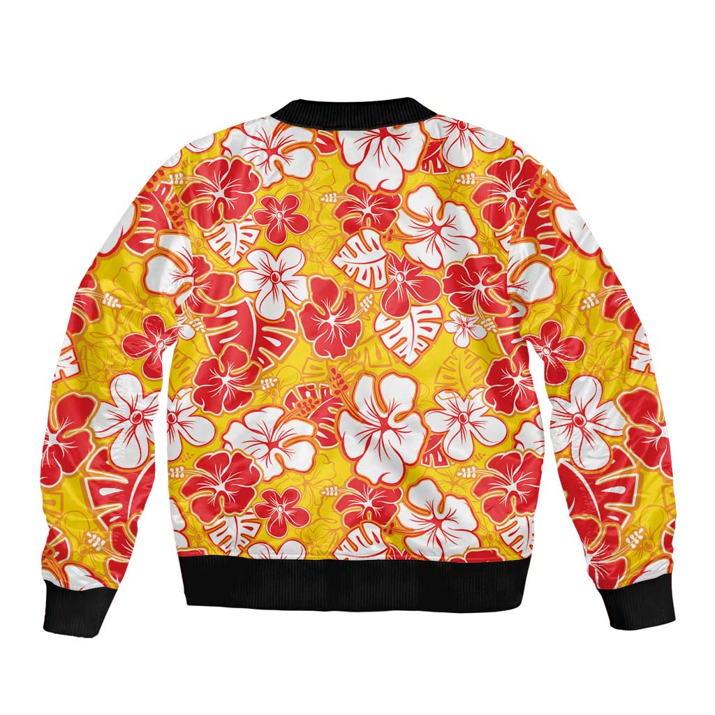 Yellow Hawaii Hibiscus Sleeve Zip Bomber Jacket Tropical Flowers Seamless Pattern - Polynesian Pride