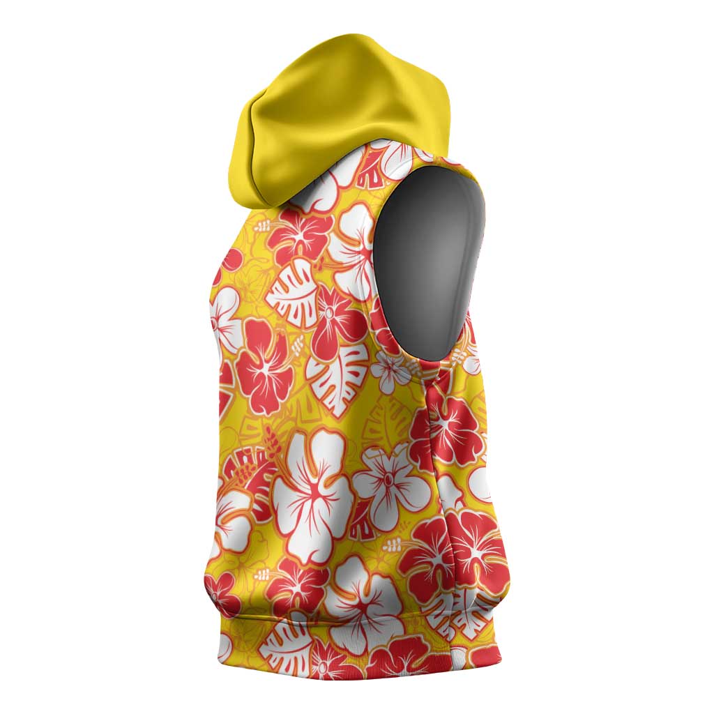 Yellow Hawaii Hibiscus Sleeveless Hoodie Tropical Flowers Seamless Pattern - Polynesian Pride