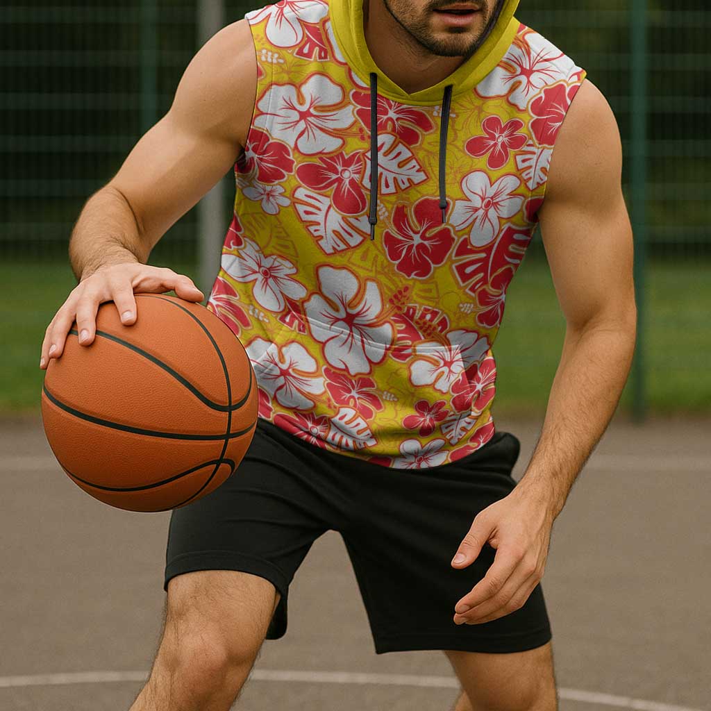 Yellow Hawaii Hibiscus Sleeveless Hoodie Tropical Flowers Seamless Pattern - Polynesian Pride