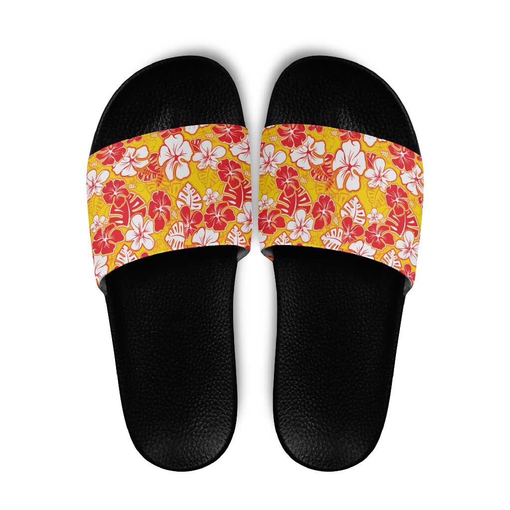 Yellow Hawaii Hibiscus Slide Sandals Tropical Flowers Seamless Pattern - Polynesian Pride