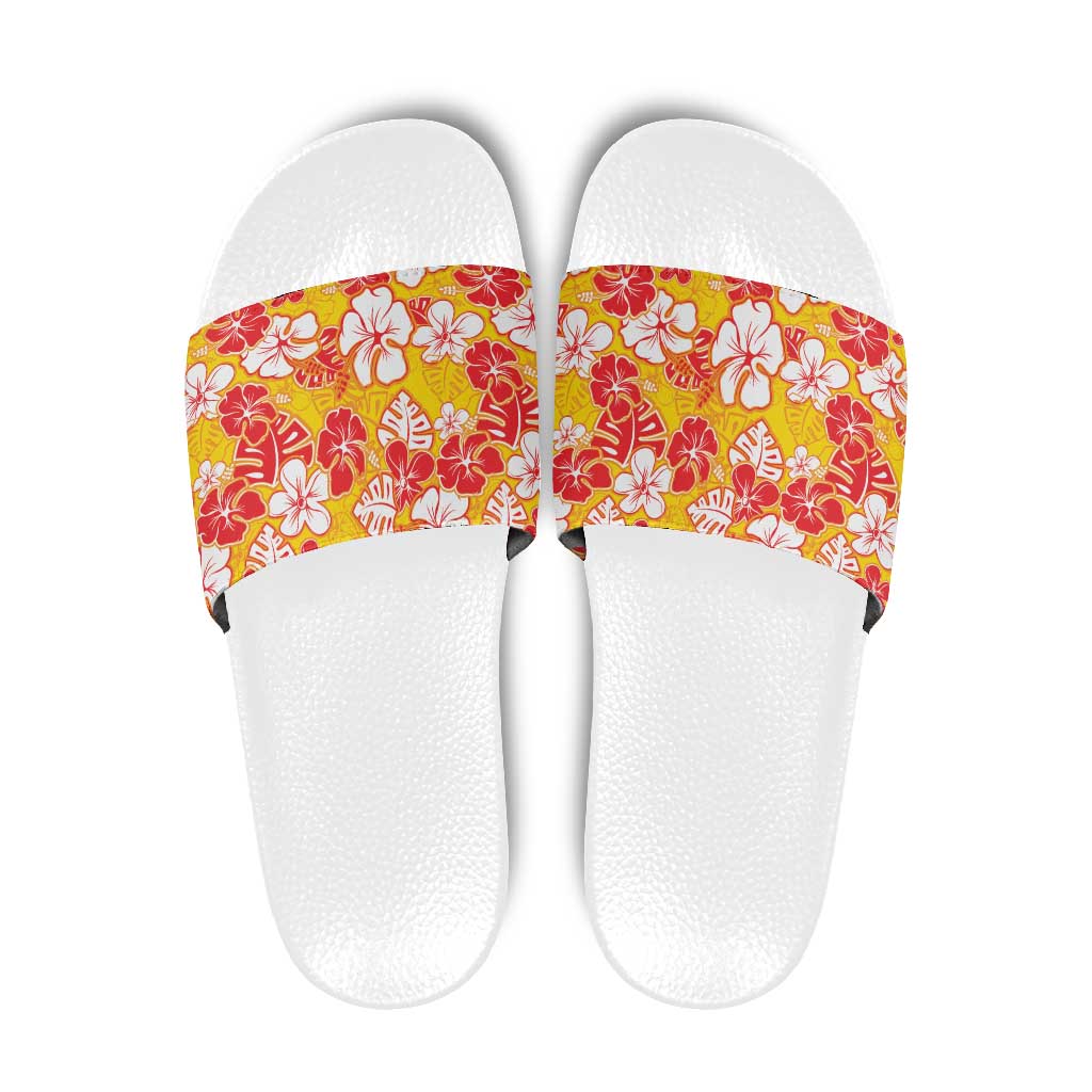 Yellow Hawaii Hibiscus Slide Sandals Tropical Flowers Seamless Pattern - Polynesian Pride