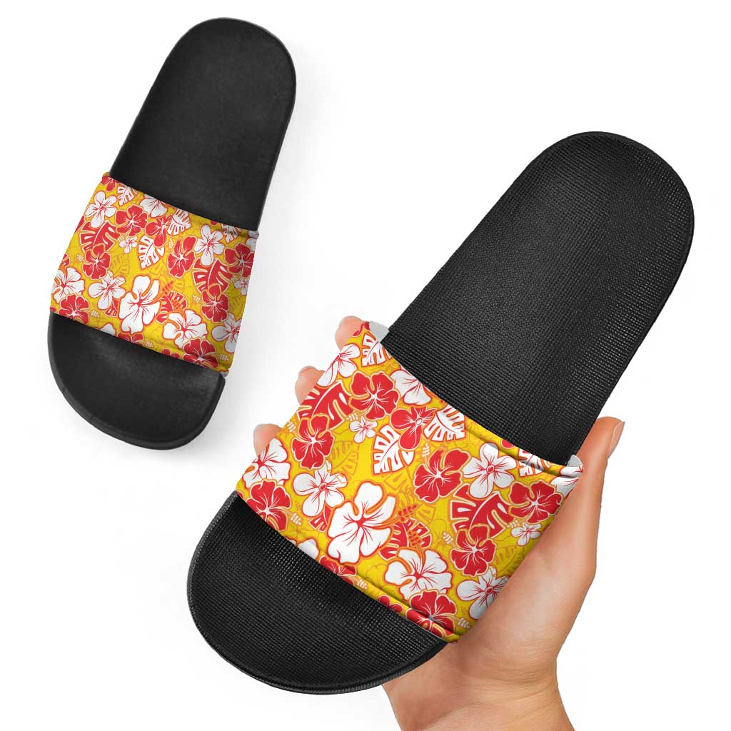 Yellow Hawaii Hibiscus Slide Sandals Tropical Flowers Seamless Pattern - Polynesian Pride